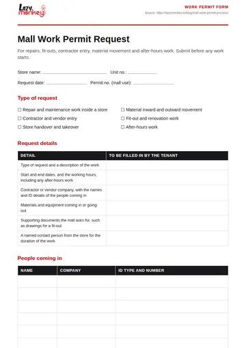 Cover of the Mall Work Permit Request Form