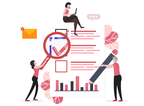Team reviewing a compliance checklist and feedback report charts