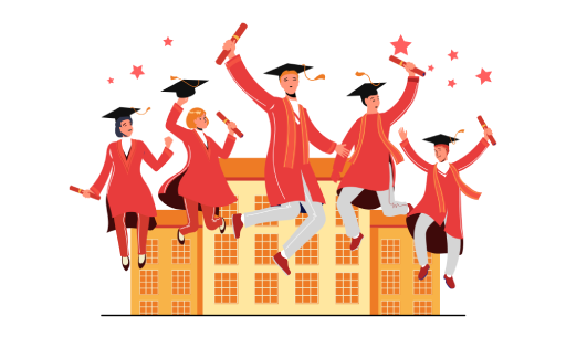 Graduating students celebrating in front of a university building