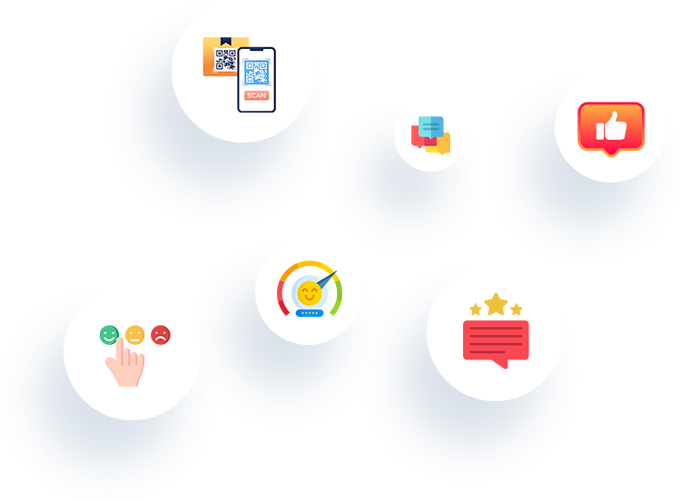 Feedback icons for QR scanning, emoji ratings, star reviews and likes
