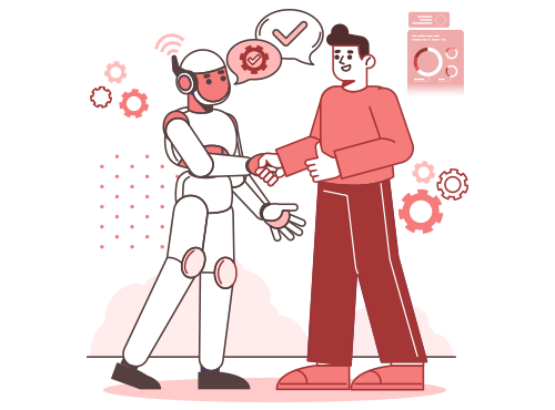 Robot and employee shaking hands over automated feedback workflows