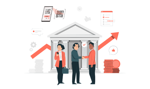 Bank staff greeting customers, with QR feedback and star ratings