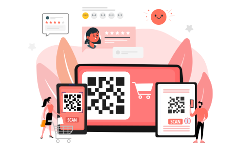 Shoppers scanning QR codes on screens to share feedback