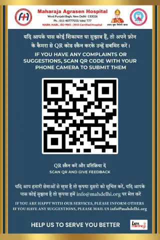 Feedback QR code poster at Maharaja Agrasen Hospital, Punjabi Bagh