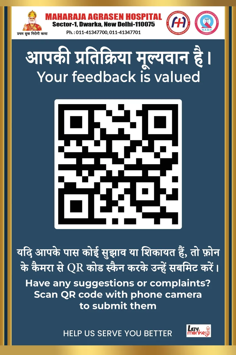 Feedback QR code poster at Maharaja Agrasen Hospital, Dwarka