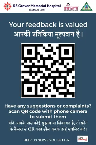 Feedback QR code poster at RS Grover Hospital, Laxmi Nagar