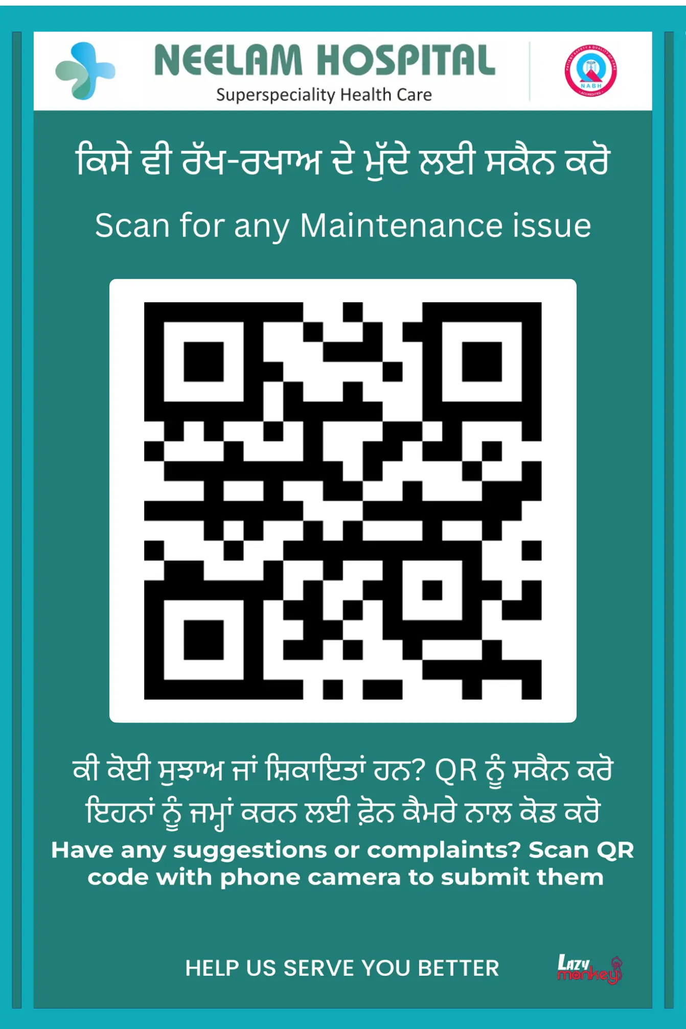 Feedback QR code poster at Neelam Hospital, Rajpura
