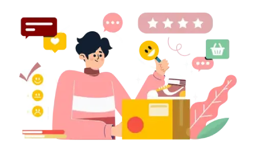 Customer rating a purchase with emoji and star reviews
